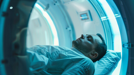 Poster - This person in a hibernation pod undergoes cryogenic suspension for future exploration and health.