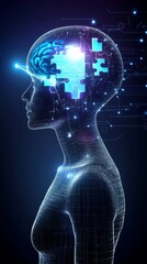 Poster - neuroscience researcher exploring advanced neural implants in a futuristic laboratory environment