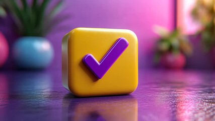Poster - Yellow cube with purple checkmark on shiny surface, 3d illustration of success