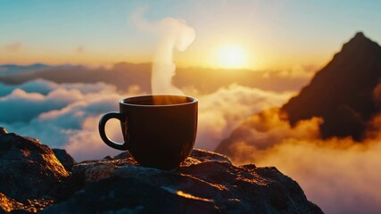 Poster - Coffee cup on mountain peak during sunrise with clouds and warm light