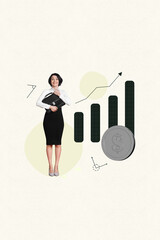 Aufkleber - Creative template collage of happy business lady hold briefcase enjoy capital graphs