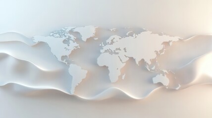 Poster - Embossed white world map rendering contours on light blue wavy surface, highlighting global geographic floating with contemporary design aesthetic
