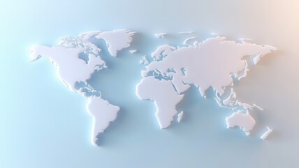 Poster - Embossed white world map rendering floating on light blue wavy highlighting surface, global geographic contours with contemporary design aesthetic