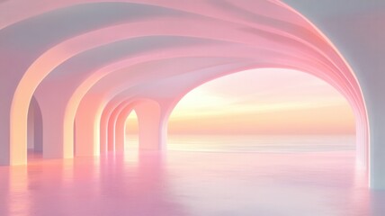 Poster - Light shining through multiple arches in a pink room, creating an abstract and atmosphere surreal