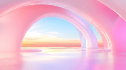 Poster - Creating a surreal and futuristic atmosphere, pink arches form an abstract room filled with vibrant colors and smooth, glossy surfaces