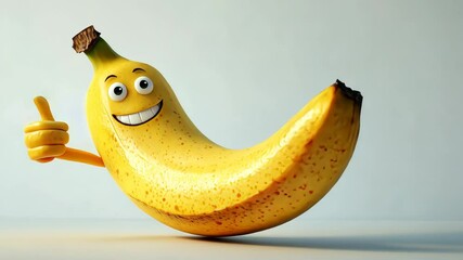 Poster - Happy animated banana with thumbs up on a light background, 3d illustration