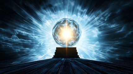 Wall Mural - Glowing Energy Sphere Surrounded by Cosmic Light and Dark Vortex in an Abstract Fantasy Landscape
