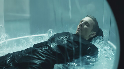 Poster - This figure suspended in liquid shows advancements in cryogenic preservation and biotech.