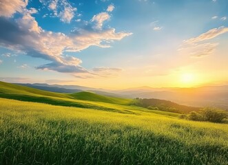 Poster - Green hills shining under sunset light in summer landscape