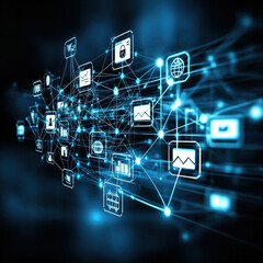 Leinwandbilder - Abstract Blue Digital Network Glowing Icons and Lines Dark Background