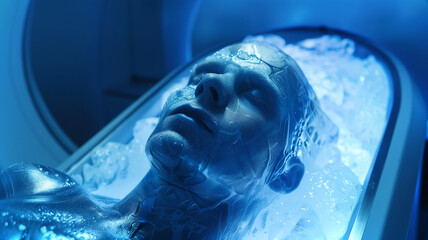 Poster - This figure in cryonic storage highlights advanced preservation tech for future explorers.