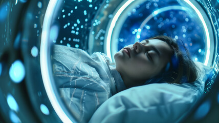 Poster - This young person is in cryosleep in a high-tech chamber for preservation and exploration.