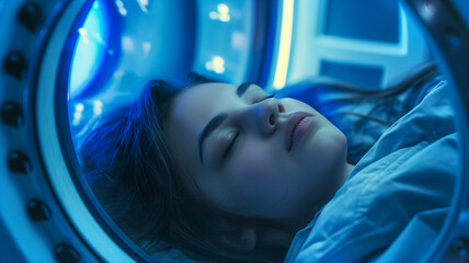 Poster - This young woman peacefully rests in a high-tech cryonics chamber for preservation.