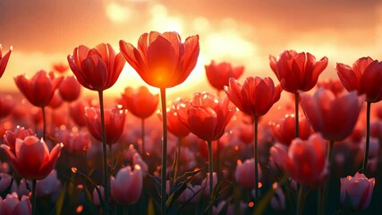 Aufkleber - Red tulips in a glowing sunset field with warm tones and serene atmosphere