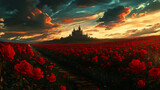 Endless rows of roses in full bloom, stretching across a meadow with a distant castle silhouetted against the horizon.