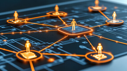 Leinwandbilder - Abstract Network Connections Orange Human Figures on Dark Blue Circuit Board