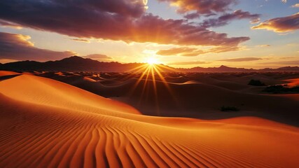 Poster - Sunset over golden sand dunes with dramatic clouds and warm glow