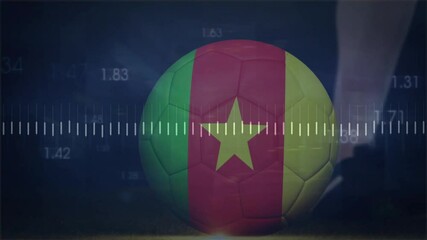 Poster - Cameroon flag on soccer ball with data processing animation over grass field