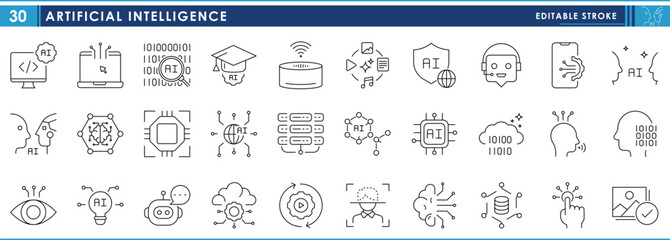 Leinwandbilder - A set of line icons related to Artificial Intelligence. Intelligent, machine, generate, coding, digital, connections, database, and so on. Vector editable stroke.
