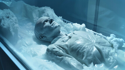 Poster - This frozen figure in cryogenic suspension, surrounded by ice, symbolizes future immortality.