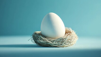 Aufkleber - White egg in delicate nest on blue background, symbol of new beginnings