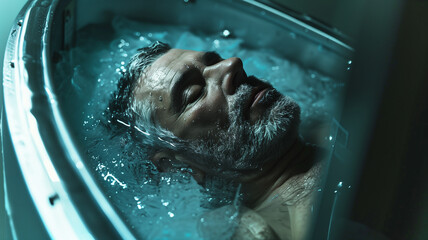 Poster - This man is cryogenically preserved in a high-tech facility exploring advanced biotech.