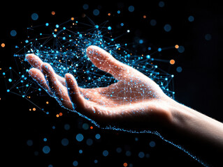 Leinwandbilder - Glowing Blue Network Held in a Hand Against Black Background