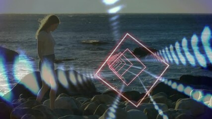 Poster - Walking on rocky beach, person with geometric animation overlay in background