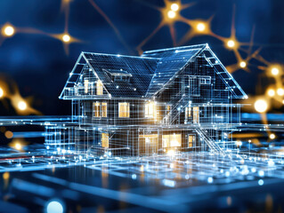 Leinwandbilder - Glowing Wireframe House Model in Network Setting