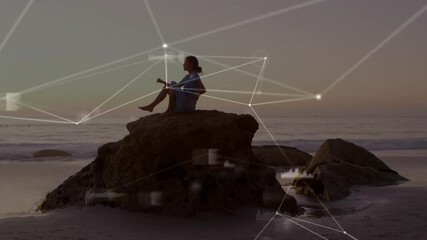 Poster - Person sitting on rock by ocean with network connections animation overlay