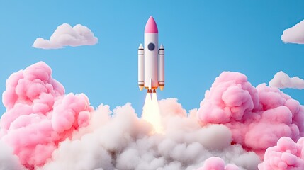 Poster - Colorful Rocket Launching Through Pink Clouds Against Blue Sky