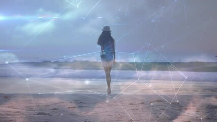 Poster - Walking on beach, woman surrounded by animation of digital network connections