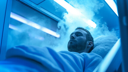 Poster - This subject in cryosleep experiences suspended animation in a vapor-filled futuristic setting.