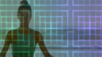 Poster - Standing behind glowing grid pattern, person looking at ocean animation scene