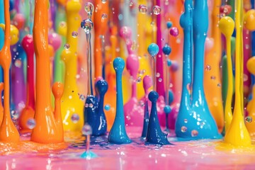 Poster - Droplets of vibrant paint splashed onto a canvas .