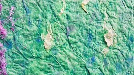 Poster - Close up macro of handmade recycled paper with natural fibers creating a textured green and purple abstract background