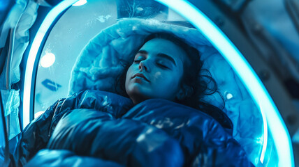 Poster - This young person relaxes in a cryogenic chamber for future space travel and hibernation.