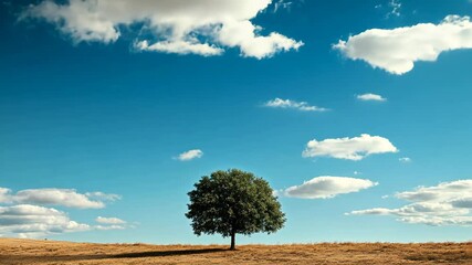 Wall Mural - Lone tree under a vibrant blue sky with fluffy clouds in a serene landscape