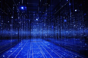 Fototapete - This photo showcases a vibrant blue and black background illuminated by numerous lights Fiber optic cables transmitting light and data .