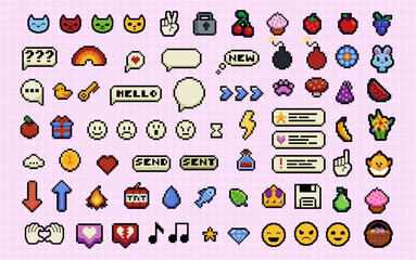 Fototapete - Set of pixel art speech bubbles and icons. Wow. Surprise. Bang. Bomb. Retro game style dialogue box and elements vector collection. Pixels Y2k trendy playful stickers. 8bit. Mood of 90's aesthetics