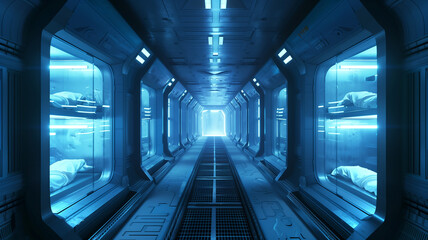 Poster - This corridor glows blue, featuring cryogenic chambers for human hibernation.