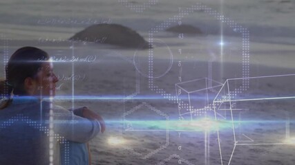 Poster - Woman sitting on beach with geometric shapes and equations overlay animation