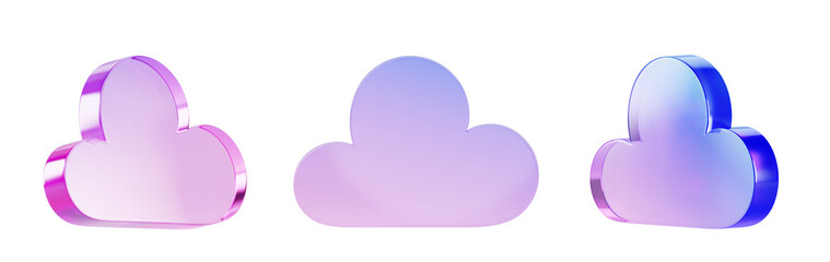 Poster - 3d set of glass holographic transparent cloud web icon with pink blue gradient texture in different angles render. Concept of digital data storage, cloud computing technology service