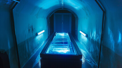 Poster - This dim corridor in a high-tech facility features a large cryogenic chamber for immortality.