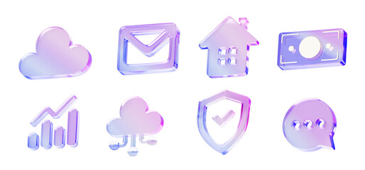 Poster - 3d set of glass holographic ui icon for app or web design. Iridescent crystal shield, email envelope, ai cloud, home, money bill, speech bubble and chart with gradient texture render
