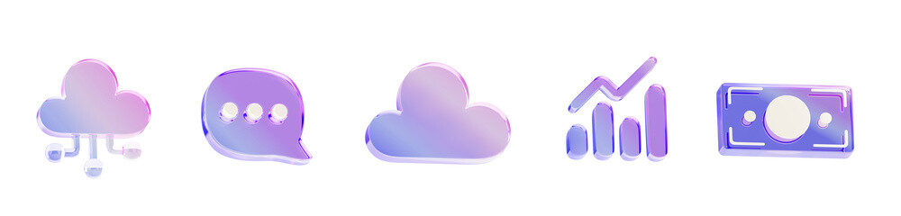 Poster - 3d glass holographic ui icon set. AI cloud, speech bubble, weather, data graph, money banknote for app, web design render. Rainbow crystal infographic elements with morphism gradient