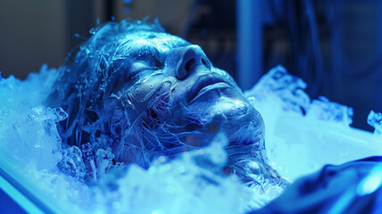 Poster - This human figure is frozen in ice, highlighting advanced cryonics for future preservation.