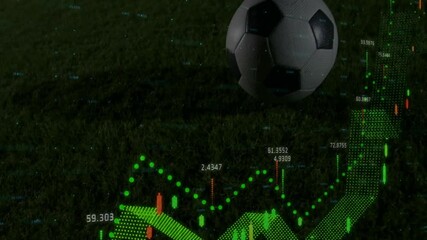 Poster - Animation of soccer ball on grass displaying digital data visualization overlay