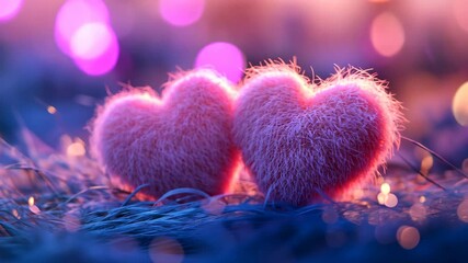 Aufkleber - Fluffy pink hearts on a sparkly blue surface with vibrant purple bokeh lights