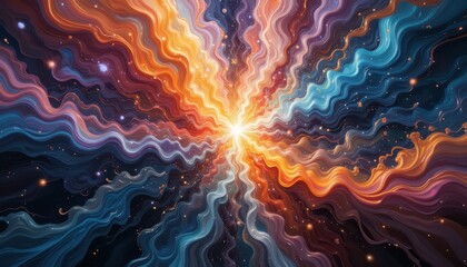 Poster - Vibrant Abstract Waves of Color Flowing Towards Light in Space